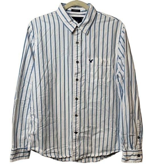 American Eagle Vintage Fit‎ Men Blue White Striped Button Down Shirt Size Large - Picture 2 of 7